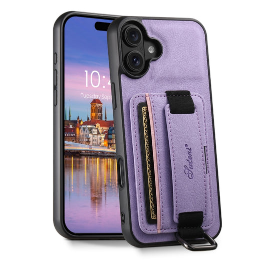 For iPhone 16 Plus Suteni H13 Litchi Leather Wrist Strap Wallet Back Phone Case(Purple) - iPhone 16 Plus Cases by Suteni | Online Shopping UK | buy2fix