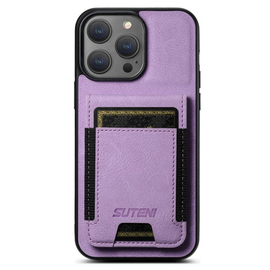 For iPhone 16 Pro Suteni H03 Litchi Leather Card Bag Stand Back Phone Case(Purple) - iPhone 16 Pro Cases by Suteni | Online Shopping UK | buy2fix