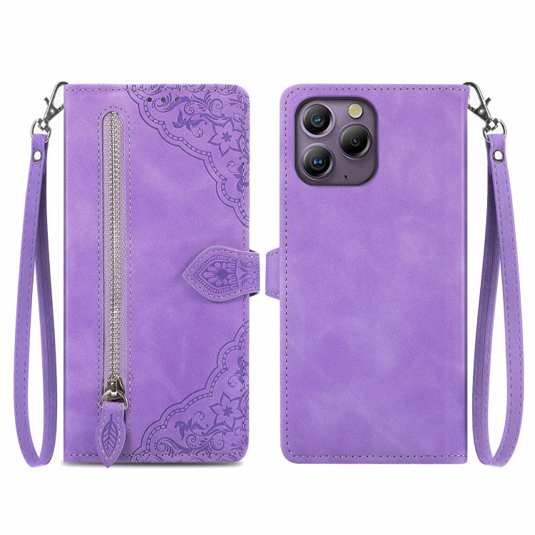 For Blackview A96 Embossed Flower Zipper Leather Phone Case(Purple) - More Brand by buy2fix | Online Shopping UK | buy2fix