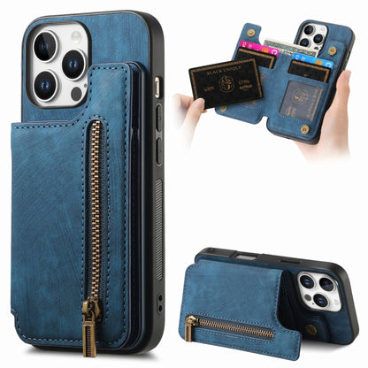 For iPhone 16 Pro Retro Leather Zipper Wallet Back Phone Case(Blue) - More iPhone Cases by buy2fix | Online Shopping UK | buy2fix