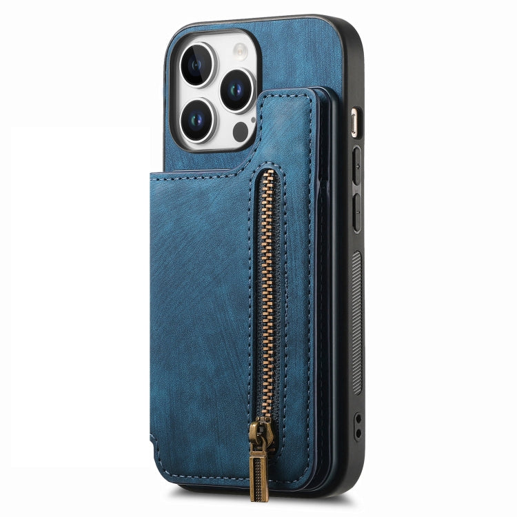 For iPhone 16 Pro Retro Leather Zipper Wallet Back Phone Case(Blue) - More iPhone Cases by buy2fix | Online Shopping UK | buy2fix