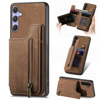 For Samsung Galaxy S25 5G Retro Leather Zipper Wallet Back Phone Case(Brown) - Galaxy S25 5G Cases by buy2fix | Online Shopping UK | buy2fix