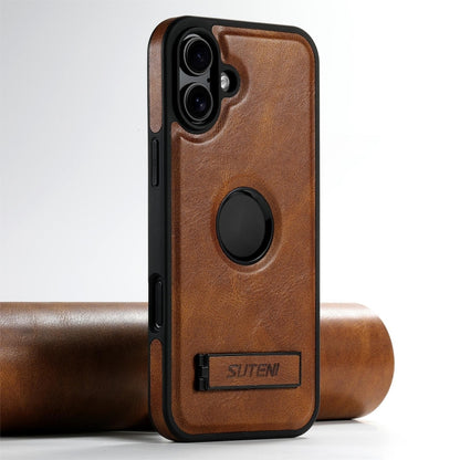 For iPhone 16 Suteni G2 Magsafe Oil Wax Leather Back Phone Case with Holder(Brown) - iPhone 16 Cases by Suteni | Online Shopping UK | buy2fix