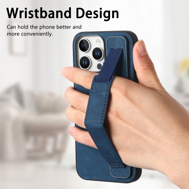 For iPhone 16 Pro Retro Wristband Holder Leather Back Phone Case(Blue) - iPhone 16 Pro Cases by buy2fix | Online Shopping UK | buy2fix