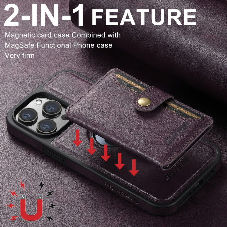 For iPhone 16 Plus Suteni M1 Oil Wax MagSafe Detachable Horizontal Card Bag Phone Case(Purple) - iPhone 16 Plus Cases by Suteni | Online Shopping UK | buy2fix