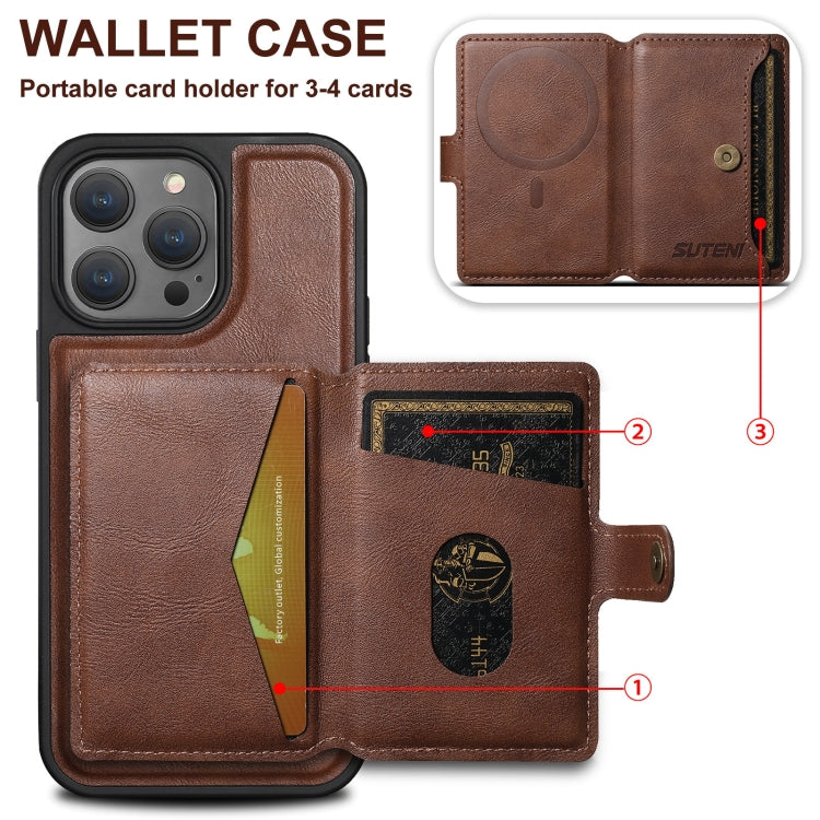 For iPhone 16 Plus Suteni M1 Oil Wax MagSafe Detachable Horizontal Card Bag Phone Case(Brown) - iPhone 16 Plus Cases by Suteni | Online Shopping UK | buy2fix