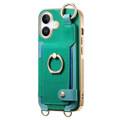 For iPhone 16 Fashion Ring Card Bag Phone Case with Hang Loop(Green) - iPhone 16 Cases by buy2fix | Online Shopping UK | buy2fix