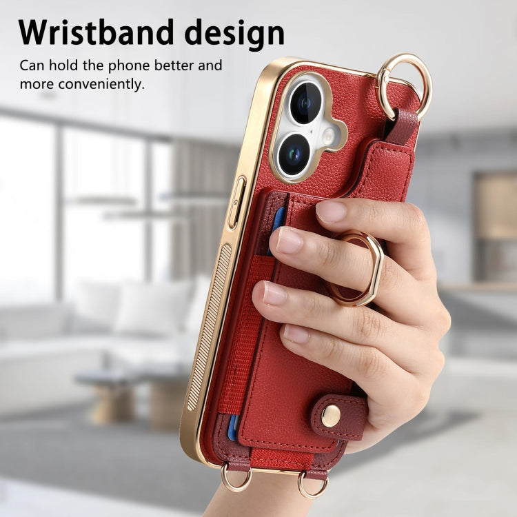 For iPhone 16 Plus Fashion Ring Card Bag Phone Case with Hang Loop(Red) - iPhone 16 Plus Cases by buy2fix | Online Shopping UK | buy2fix