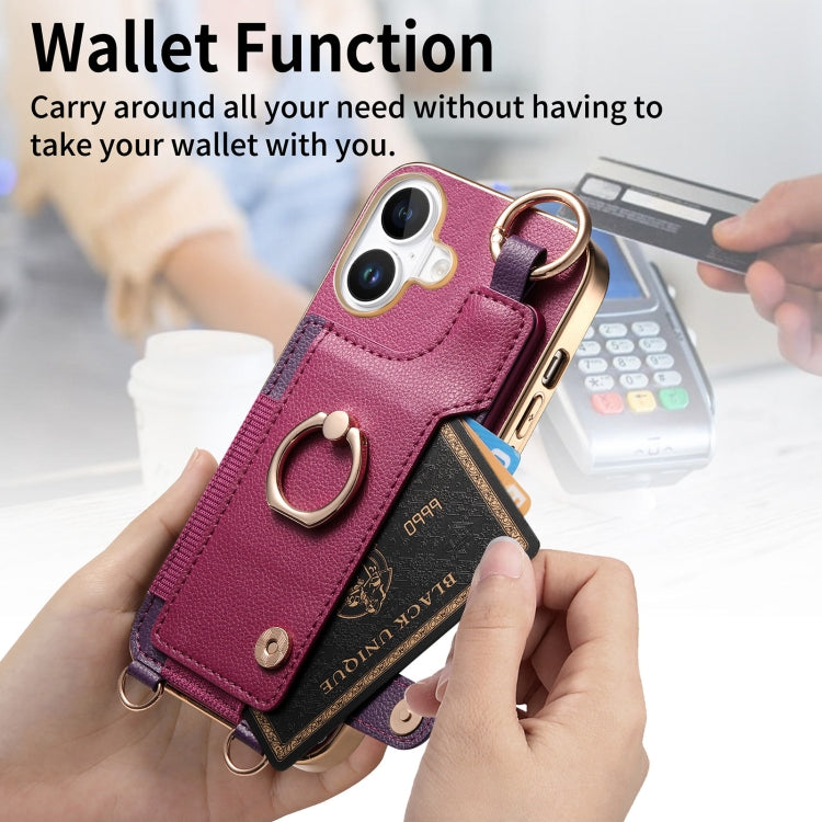 For iPhone 16 Plus Fashion Ring Card Bag Phone Case with Hang Loop(Purple) - iPhone 16 Plus Cases by buy2fix | Online Shopping UK | buy2fix