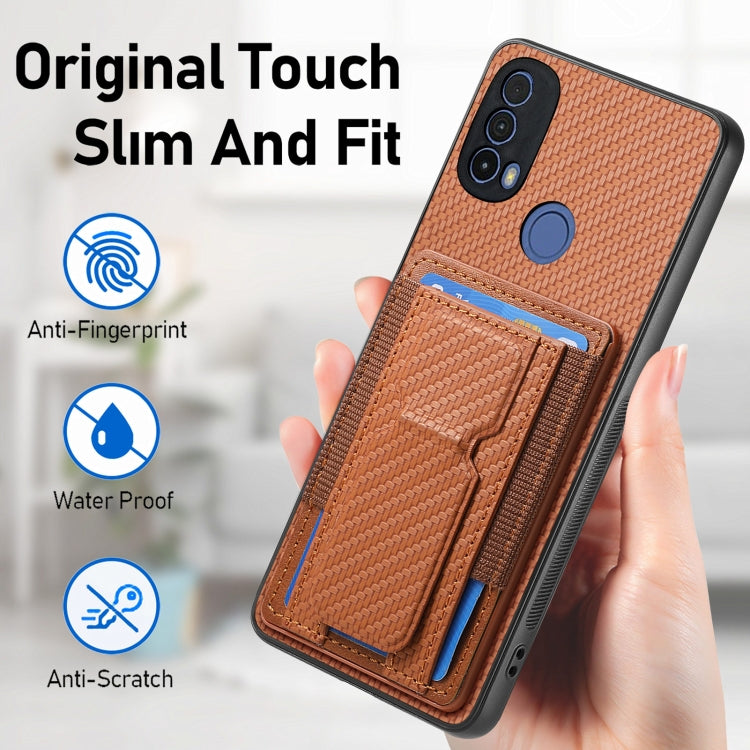 For Motorola Moto G 5G 2024 4G Carbon Fiber Fold Stand Elastic Card Bag Phone Case(Brown) - Motorola Cases by buy2fix | Online Shopping UK | buy2fix