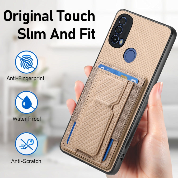 For Motorola Moto G Power 5G 2024 Carbon Fiber Fold Stand Elastic Card Bag Phone Case(Khaki) - Motorola Cases by buy2fix | Online Shopping UK | buy2fix