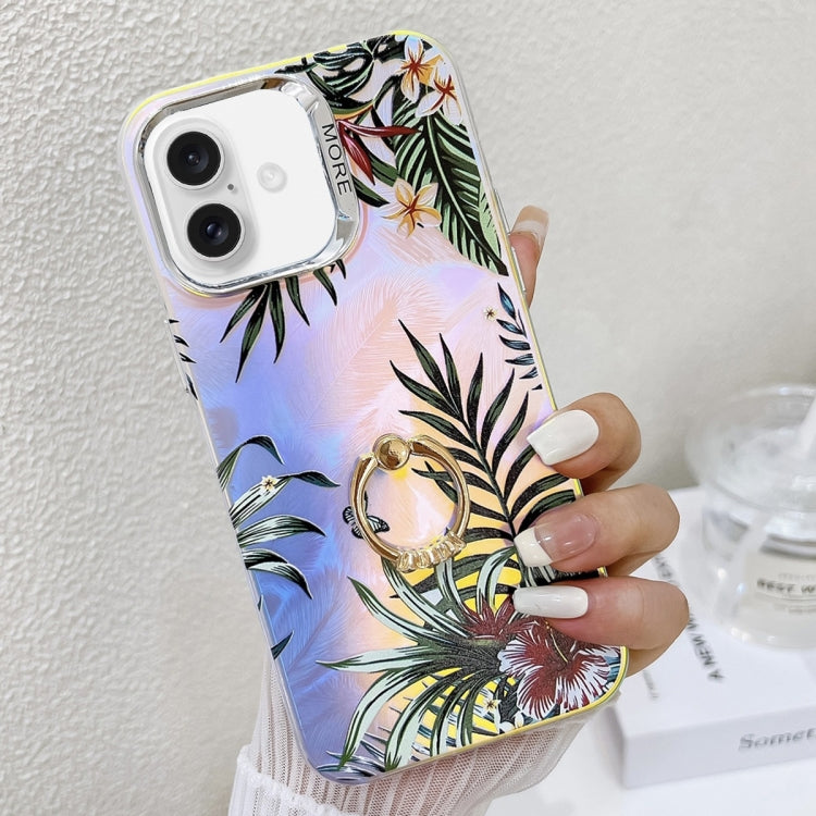 For iPhone 16 Plus Electroplating Laser Flower Ring Holder TPU Phone Case(Leaves AH12) - iPhone 16 Plus Cases by buy2fix | Online Shopping UK | buy2fix