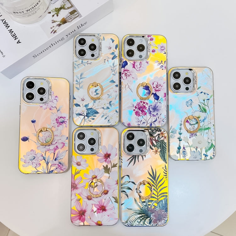 For iPhone 16 Pro Max Electroplating Laser Flower Ring Holder TPU Phone Case(Leaves AH12) - iPhone 16 Pro Max Cases by buy2fix | Online Shopping UK | buy2fix