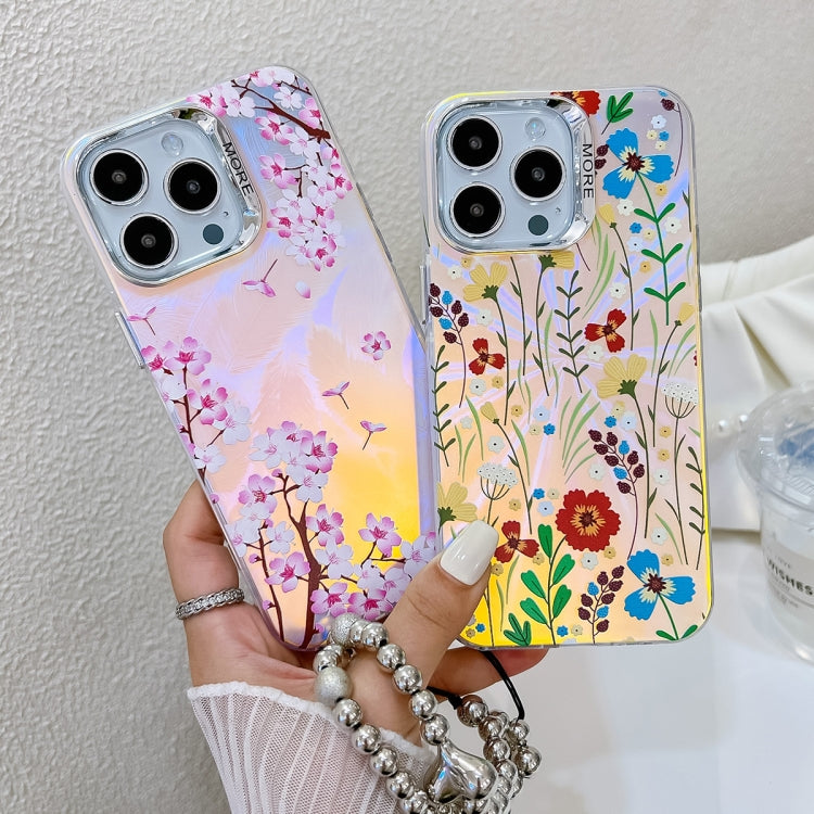 For iPhone 16 Plus Electroplating Laser Flower Phone Case with Wrist Strap(Peach Blossom AH4) - iPhone 16 Plus Cases by buy2fix | Online Shopping UK | buy2fix