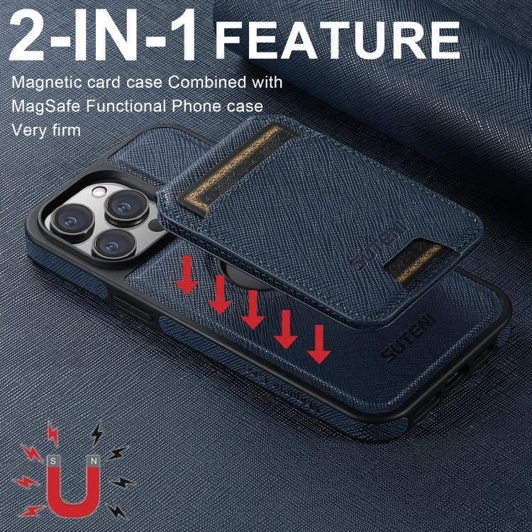 For iPhone 14 Pro Max Suteni M2 Cross-Grain MagSafe Vertical Card Back Phone Case(Blue) - iPhone 14 Pro Max Cases by Suteni | Online Shopping UK | buy2fix