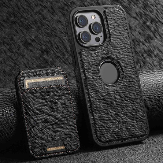 For iPhone 14 Pro Suteni M2 Cross-Grain MagSafe Vertical Card Back Phone Case(Black) - iPhone 14 Pro Cases by Suteni | Online Shopping UK | buy2fix