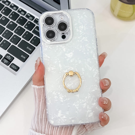 For iPhone 16 Pro Plating Glitter Texture Ring Holder TPU Phone Case with Lens Film(White Shell Grain) - iPhone 16 Pro Cases by buy2fix | Online Shopping UK | buy2fix