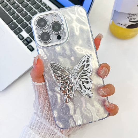 For iPhone 16 Pro Plating Glitter Texture Butterfly Holder TPU Phone Case with Lens Film(White Wrinkles) - iPhone 16 Pro Cases by buy2fix | Online Shopping UK | buy2fix