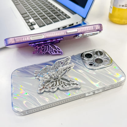 For iPhone 16 Plating Glitter Texture Butterfly Holder TPU Phone Case with Lens Film(White Feathers) - iPhone 16 Cases by buy2fix | Online Shopping UK | buy2fix