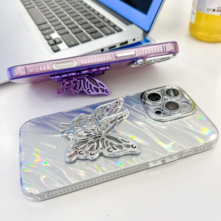 For iPhone 16 Plating Glitter Texture Butterfly Holder TPU Phone Case with Lens Film(White Wrinkles) - iPhone 16 Cases by buy2fix | Online Shopping UK | buy2fix