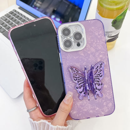 For iPhone 16 Plus Plating Glitter Texture Butterfly Holder TPU Phone Case with Lens Film(Purple Tinfoil Texture) - iPhone 16 Plus Cases by buy2fix | Online Shopping UK | buy2fix