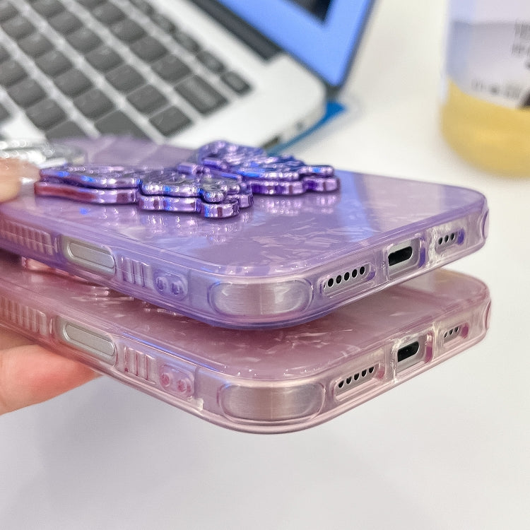 For iPhone 16 Plus Plating Glitter Texture Butterfly Holder TPU Phone Case with Lens Film(Purple Shell Pattern) - iPhone 16 Plus Cases by buy2fix | Online Shopping UK | buy2fix