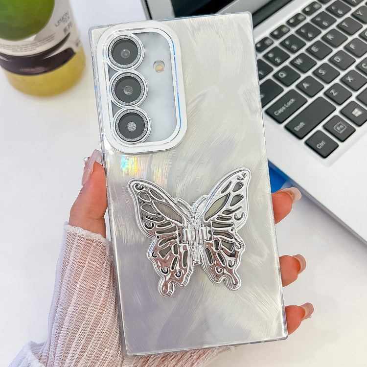 For Samsung Galaxy S25+ 5G Plating Glitter Texture Butterfly Holder TPU Phone Case with Lens Film(White Feather Yarn) - Galaxy S25+ 5G Cases by buy2fix | Online Shopping UK | buy2fix