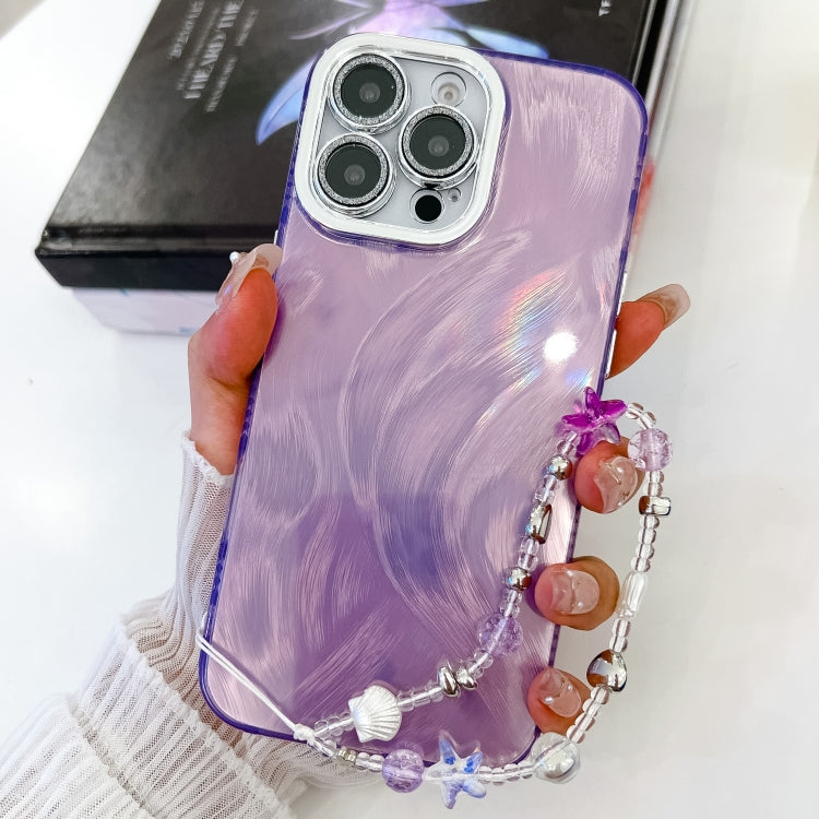 For iPhone 16 Pro Plating Glitter Texture Chain Wristband TPU Phone Case with Lens Film(Purple Feather Yarn) - iPhone 16 Pro Cases by buy2fix | Online Shopping UK | buy2fix