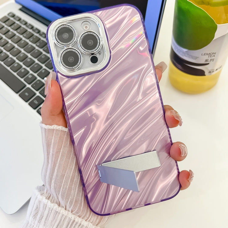 For iPhone 16 Plating Glitter Texture Fold Holder TPU Phone Case with Lens Film(White Shell Pattern) - iPhone 16 Cases by buy2fix | Online Shopping UK | buy2fix