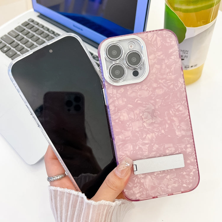 For iPhone 16 Pro Plating Glitter Texture Fold Holder TPU Phone Case with Lens Film(Pink Tinfoil Texture) - iPhone 16 Pro Cases by buy2fix | Online Shopping UK | buy2fix