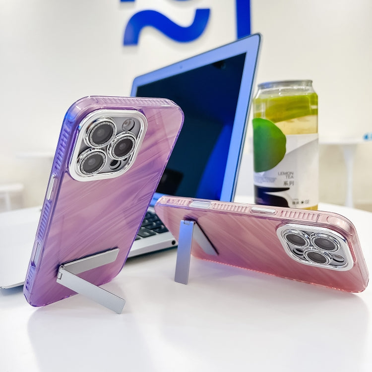 For iPhone 16 Pro Plating Glitter Texture Fold Holder TPU Phone Case with Lens Film(Purple Wrinkles) - iPhone 16 Pro Cases by buy2fix | Online Shopping UK | buy2fix