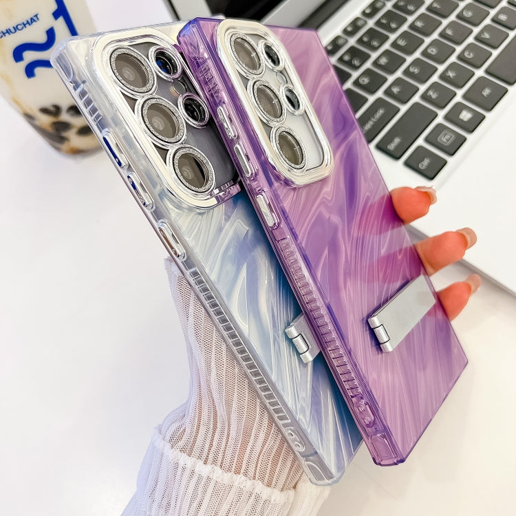 For Samsung Galaxy S25+ 5G Plating Glitter Texture Fold Holder TPU Phone Case with Lens Film(Purple Wrinkles) - Galaxy S25+ 5G Cases by buy2fix | Online Shopping UK | buy2fix