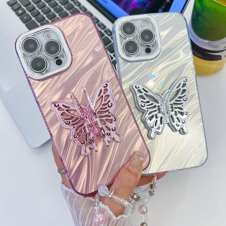 For iPhone 16 Pro Plating Glitter Lens Film Texture Butterfly Holder Wristband Phone Case(Purple Shell Pattern) - iPhone 16 Pro Cases by buy2fix | Online Shopping UK | buy2fix