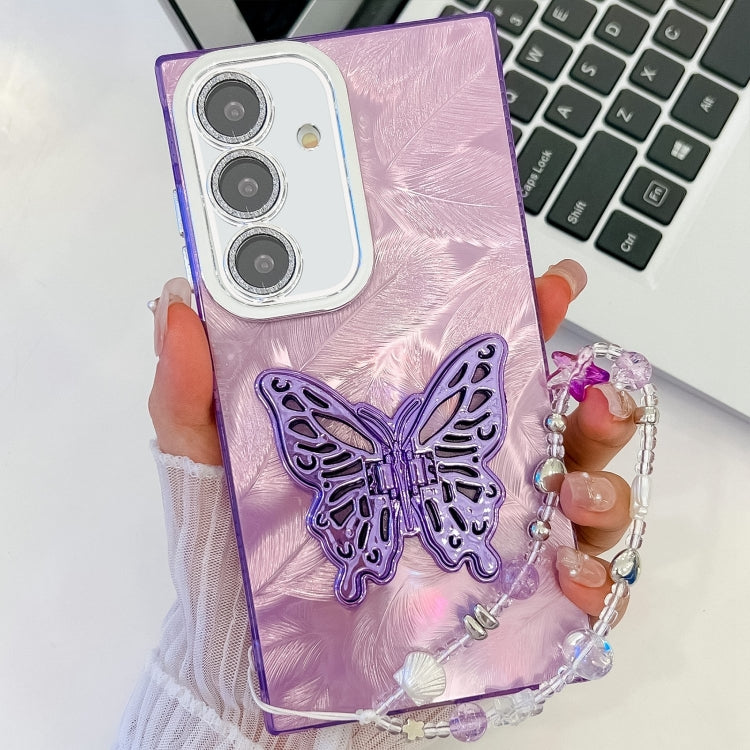 For Samsung Galaxy S25+ 5G Plating Glitter Lens Film Texture Butterfly Holder Wristband Phone Case(Purple Feathers) - Galaxy S25+ 5G Cases by buy2fix | Online Shopping UK | buy2fix