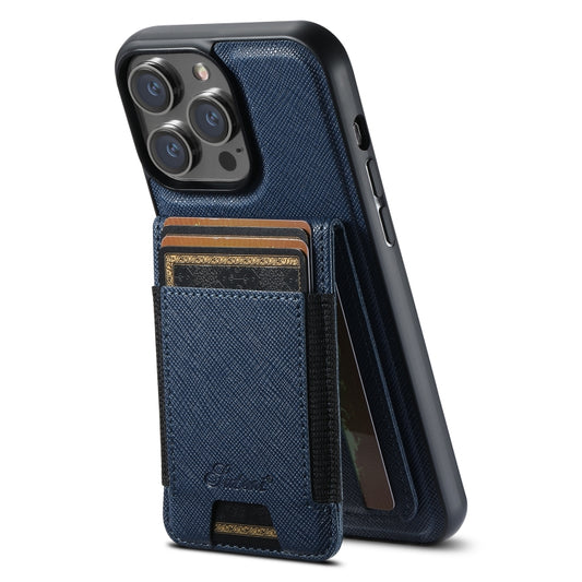 For iPhone 15 Pro Suteni H17 Cross Grain Leather MagSafe Detachable Wallet Phone Case(Blue) - iPhone 15 Pro Cases by Suteni | Online Shopping UK | buy2fix