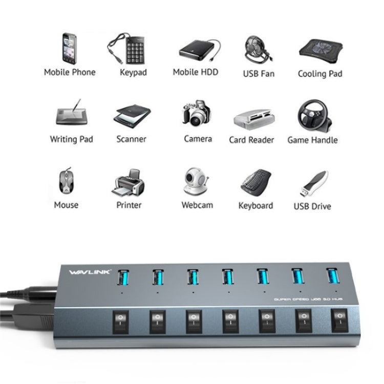 WAVLINK UH3076 5Gbps 7-port USB 3.0 Hub with Independent Switch and LED Indicator(EU Plug) - USB 3.0 HUB by WAVLINK | Online Shopping UK | buy2fix