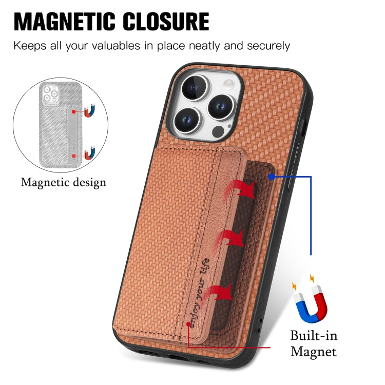 For iPhone 16 Pro Max Carbon Fiber Magnetic Card Wallet RFID Blocking Phone Case(Brown) - iPhone 16 Pro Max Cases by buy2fix | Online Shopping UK | buy2fix