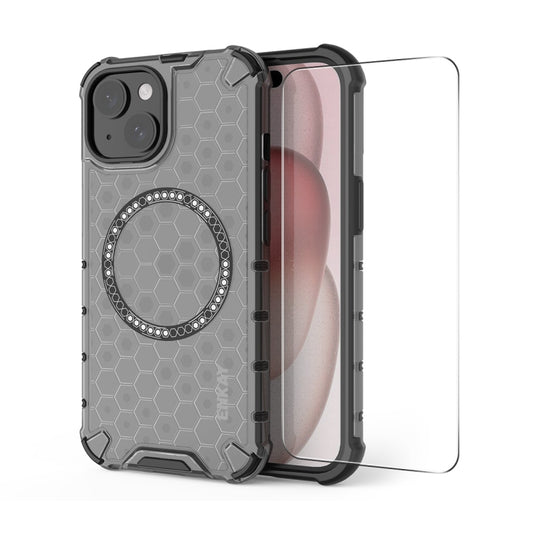 For iPhone 14 Plus ENKAY Hat-Prince Honeycomb MagSafe Shockproof Phone Case with Large Arc Edge Film(Grey) - iPhone 14 Plus Cases by ENKAY | Online Shopping UK | buy2fix