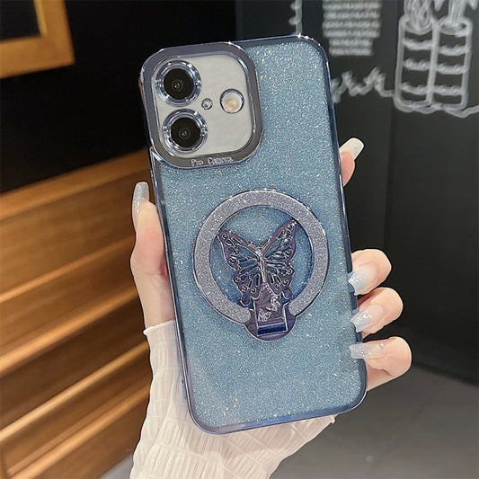 For iPhone 16 Plating Glitter Butterfly Holder Phone Case(Blue) - iPhone 16 Cases by buy2fix | Online Shopping UK | buy2fix