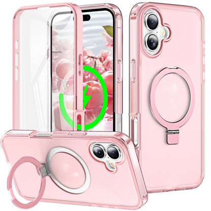 For iPhone 16 Frosted Skin Feel MagSafe Holder 360 Full Body Phone Case(Pink) - iPhone 16 Cases by buy2fix | Online Shopping UK | buy2fix