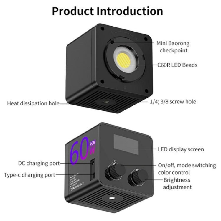 C60R 60W RGB Stage Lamp Professional Video Photography COB Fill Light With 8 Batteries, Plug:EU Plug - Selfie Light by buy2fix | Online Shopping UK | buy2fix