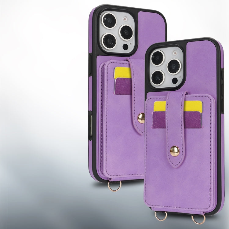 For iPhone 16 Plus Crossbody Skin Card Bag Lanyard Phone Case(Purple) - iPhone 16 Plus Cases by buy2fix | Online Shopping UK | buy2fix