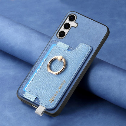 For Samsung Galaxy S25 Ultra 5G Retro Cross Leather Ring Horizontal Insert Card Bag MagSafe Phone Case(Blue) - Galaxy S25 Ultra 5G Cases by buy2fix | Online Shopping UK | buy2fix