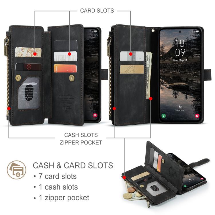 For Samsung Galaxy S25 5G CaseMe C30 Card Slots Zipper Wallet Leather Phone Case(Black) - Galaxy S25 5G Cases by CaseMe | Online Shopping UK | buy2fix