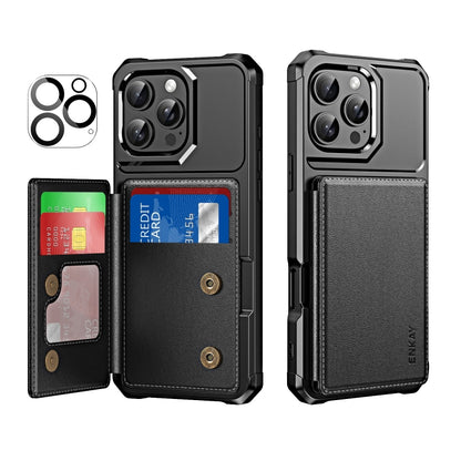 For iPhone 16 Pro Max ENKAY Hat-Prince Card Slot Wallet TPU Back Leather Phone Case with Lens Film(Black) - iPhone 16 Pro Max Cases by ENKAY | Online Shopping UK | buy2fix