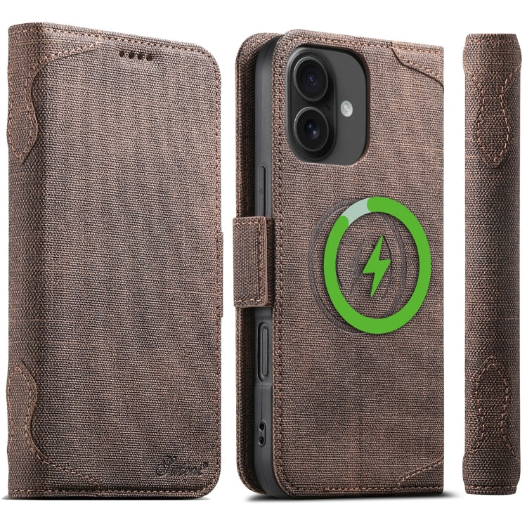 For iPhone 16 Plus Suteni J07 Multi-functional Horizontal MagSafe Denim Leather Phone Case(Brown) - iPhone 16 Plus Cases by Suteni | Online Shopping UK | buy2fix