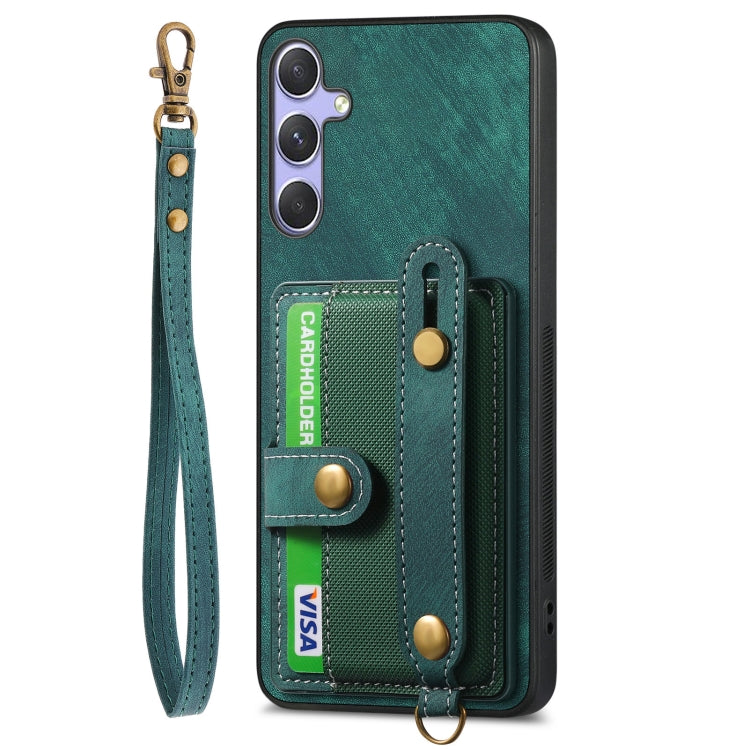 For Samsung Galaxy S25 5G Retro Cross Wristband Wallet Leather Back Phone Case(Green) - Galaxy S25 5G Cases by buy2fix | Online Shopping UK | buy2fix