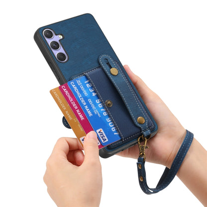 For Samsung Galaxy S25+ 5G Retro Cross Wristband Wallet Leather Back Phone Case(Blue) - Galaxy S25+ 5G Cases by buy2fix | Online Shopping UK | buy2fix