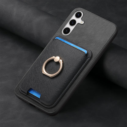 For Samsung Galaxy S25+ 5G Retro Cross Leather Ring Vertical Insert Card Bag MagSafe Phone Case(Black) - Galaxy S25+ 5G Cases by buy2fix | Online Shopping UK | buy2fix