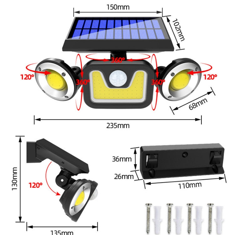 16W Solar Three-head Wall Lamp Outdoor Waterproof Human Body Induction Courtyard Wall Lamp - Solar Lights by buy2fix | Online Shopping UK | buy2fix